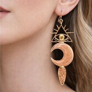 Celestial Eye & Crescent Moon Quartz Druzy Statement Earrings